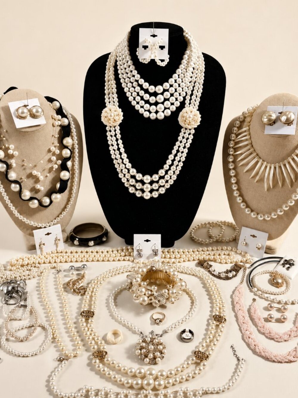 Large Faux Pearl Jewelry Lot Necklaces Earrings Bracelets Brooches Vintage Style